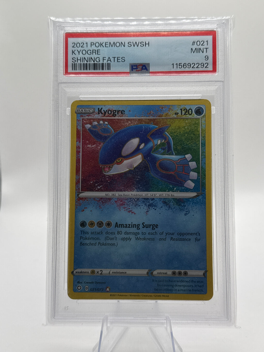 2021 Shining Fates Kyogre 021/072 Amazing Rare – PSA 9 Mint
