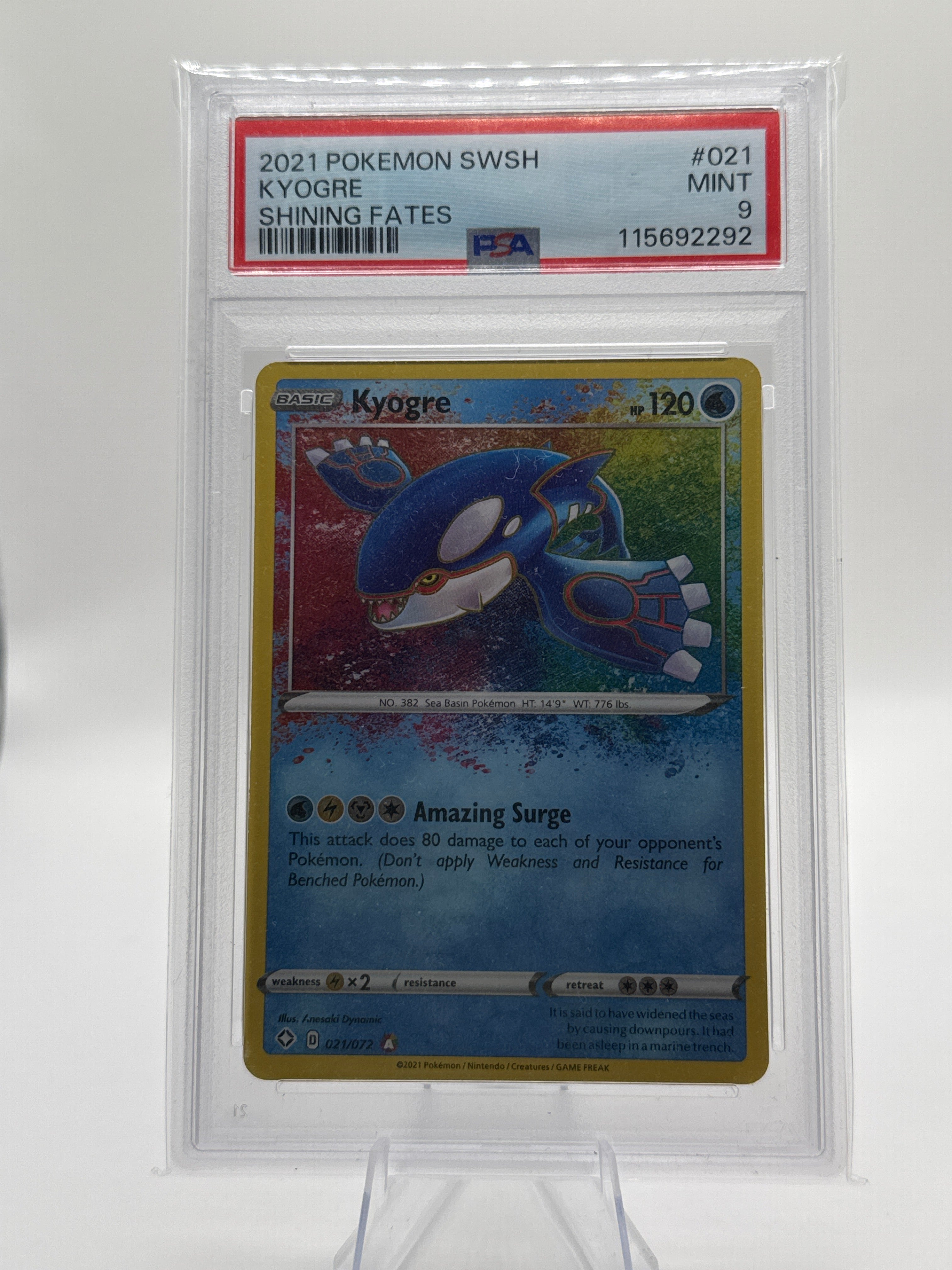 2021 Shining Fates Kyogre 021/072 Amazing Rare – PSA 9 Mint